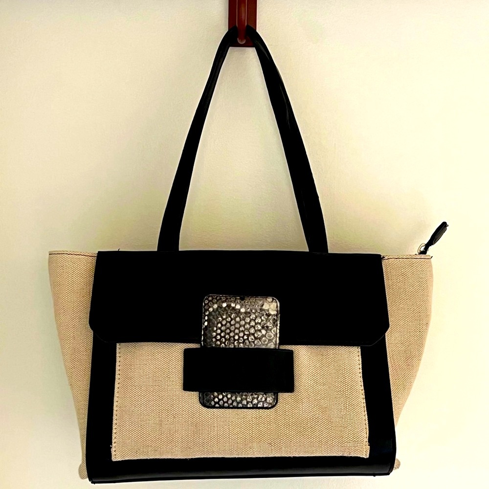 Roomy color contrast canvas and faux leather bag